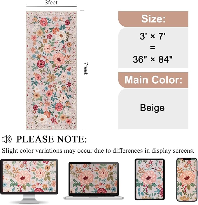 DUKINO 3x7 Kitchen Runner Rug, Washable Rug for Hallway Non Slip, Beige | Floral, Low Pile, Soft Indoor Rug for Bedroom, Bathroom, Entryway, Laundry, Pet Friendly, Stain Resistant, Modern Home Decor