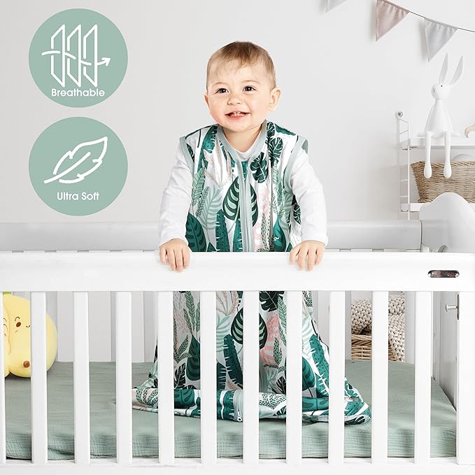 BSTOPPT 3 Pack Baby Sleep Sack 12-18 Months 100% Rayon Cotton Baby Sleeping Bag 2-Way Zipper Toddler Wearable Blankets Comfy Stretchy TOG 0.3 Lightweight（Banana&leaf&green）