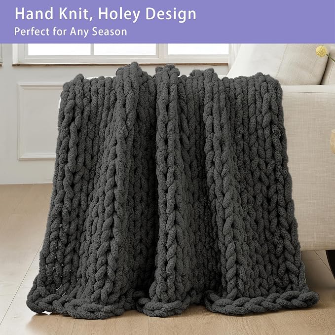 Bigacogo Chunky Knit Throw Blanket for Couch, 80x90 inches, Dark Grey | Hand Knit with Jumbo Chenille, Soft Breathable Cable Knit for Sofa Bed Living Room, Machine Washable, Gift for Mom Friend