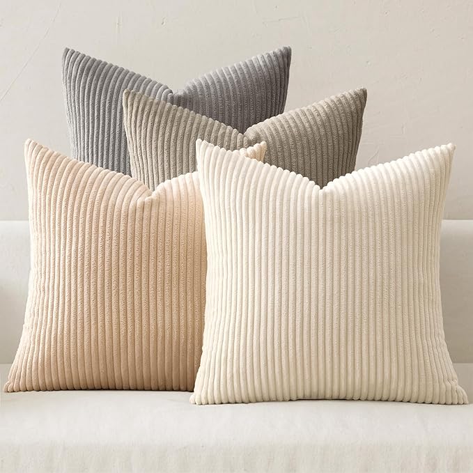 MIULEE Soft Corduroy Decorative Throw Pillow Covers Neutral Cream 20x20 | Set of 4, Mordern Nordic Home Decor, Cozy Cream Collection, Boho Farmhouse Cushion Covers for Couch Bed Sofa Living Room