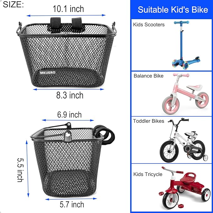 Kids Bike Basket - Front Bicycle Basket for Children, Metal, Cute Decorative Accessory for Kids Bikes & Scooters