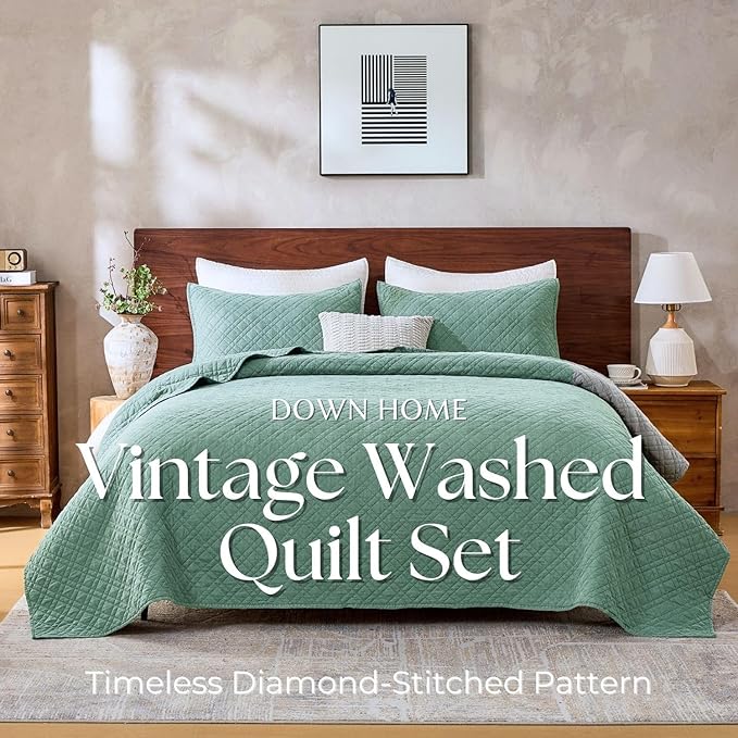 DOWN HOME Twin Quilt Set with Sham Lightweight Quilted Bedspread Coverlet Thin Comforter Bed Cover Vintage Washed Quilted Blanket for All Season, Brushed Microfiber Diamond Stitching, Green, 66"x92"