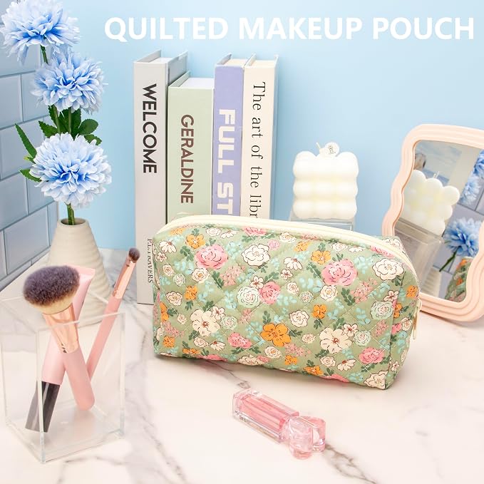 PAZIMIIK Small Quilted Makeup Bag,Zipper Cosmetic Pouch,Green Floral | Lightweight Cosmetic Bag Organizer for Women,Purse Storage Holds Makeup,Toiletries,Skincare,Beauty Essentials,Travel Items