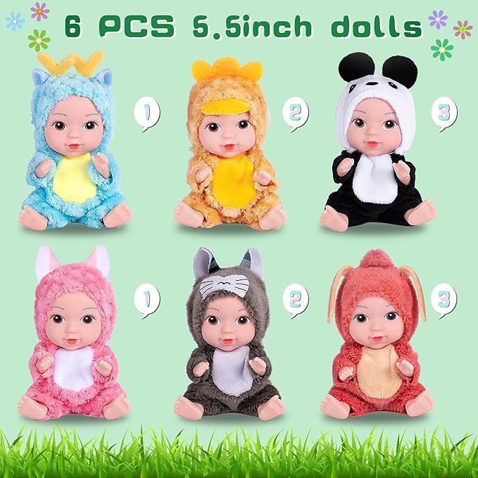 6 Pack 5 inch Baby Dolls-PVC Mini Figures with Cute Animal Outfits, Safe Toys for Kids, Collectible Display Stress Relief