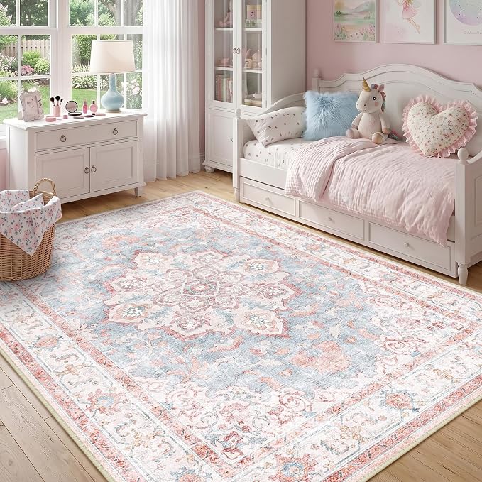 CAPALOCA 7x9 Washable Nursery Girls Low Pile Area Rug Pink Blue | Non-Slip Soft Rugs for Bedroom Kids Playroom Living Room, Print Pattern Water Repellent Carpet Indoor Decor