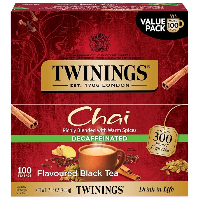 Twinings Decaffeinated Chai Individually Wrapped Bags, 100 Count (Pack of 1), Sweet, Savoury Spices, Enjoy Hot or Iced, 100 Teabags