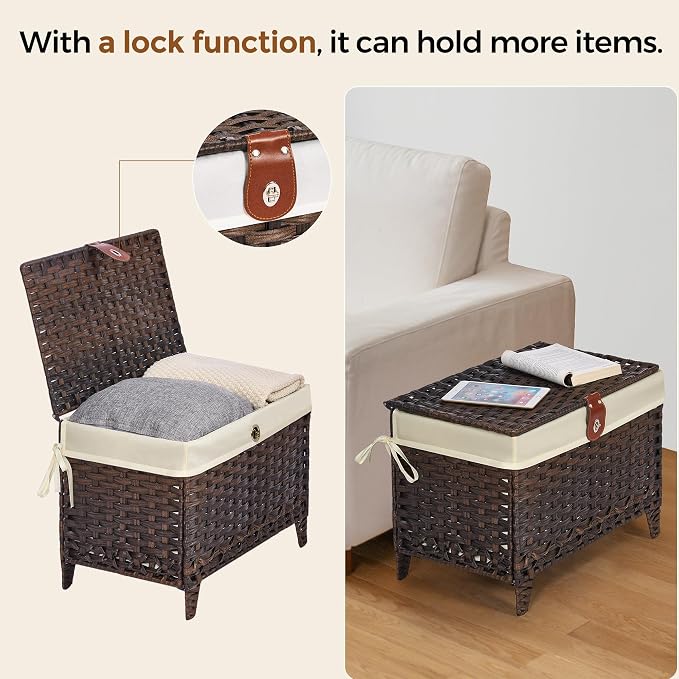 Wicker Storage Basket with Lid, 65L Shelf Basket with Removable Liner Bag | Rattan-Inspired Woven Design, Elevated Feet, Storage Trunk for Wardrobe, Bedroom & Home Organization