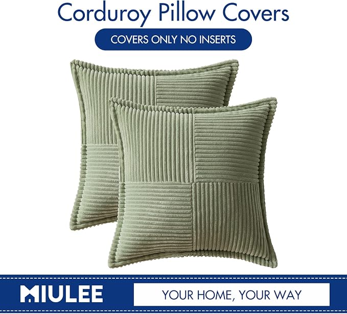 MIULEE Decorative Throw Pillow Covers for Couch 18x18 Inch Sage Green | 2 Pack, Boho Broadside Striped Patchwork Pillow Covers, Soft Corduroy Cushion Cases, For Sofa Bed Livingroom Home Decor