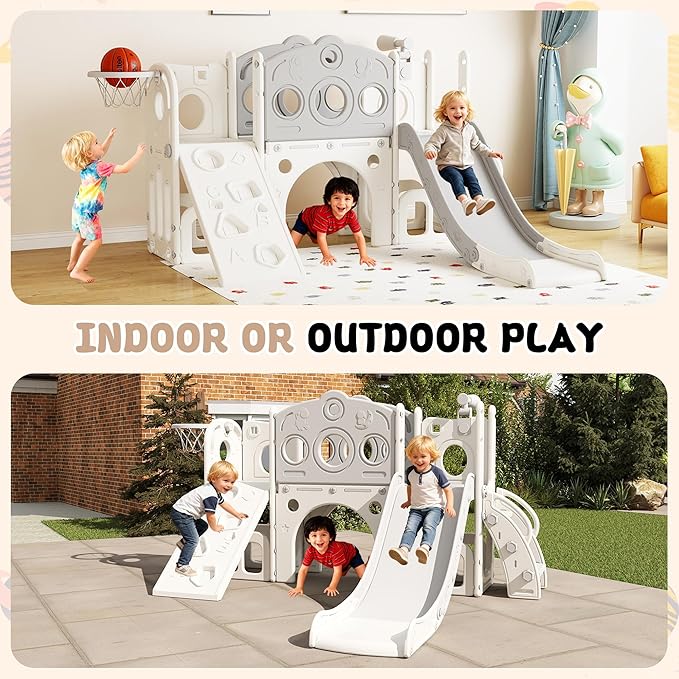 GITAWUSA 9 in 1 Toddler Slide Set Playground Indoor & Outdoor Fun for Kids & Babies Aged 1-3, Featuring Climbing Board, Basketball Hoop, Telescope, Storage Space and Non-Slip Steps, Gray & White