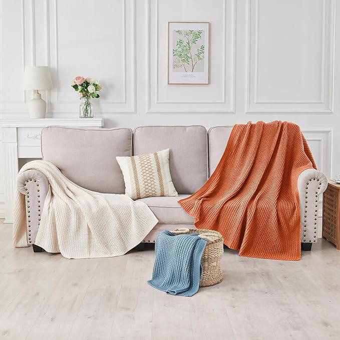 Douceur Rust Orange Throw Blanket for Bed, Soft Chunky Cable Knit Throw Blanket, Classic Fisherman's Rib Stitch Pattern Throw for Living Room,50"X60"