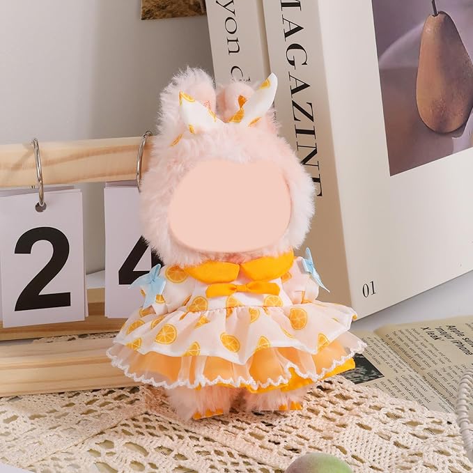 Clothes for Labubu Doll,6.7 Inch Doll Clothing Set - 2 Pieces Handmade Clothes and Accessories for 17cm Plush Toy - Orange Print Princess Dress + Bow Headdress
