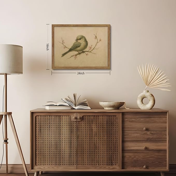 Vintage Bird Wall Art, Cherry Blossom Spring Pictures Canvas Wall Decor, Rustic Farmhouse Bird Animal Artwork Print Poster for Living Room Bedroom Bathroom 16x24 Inch Framed