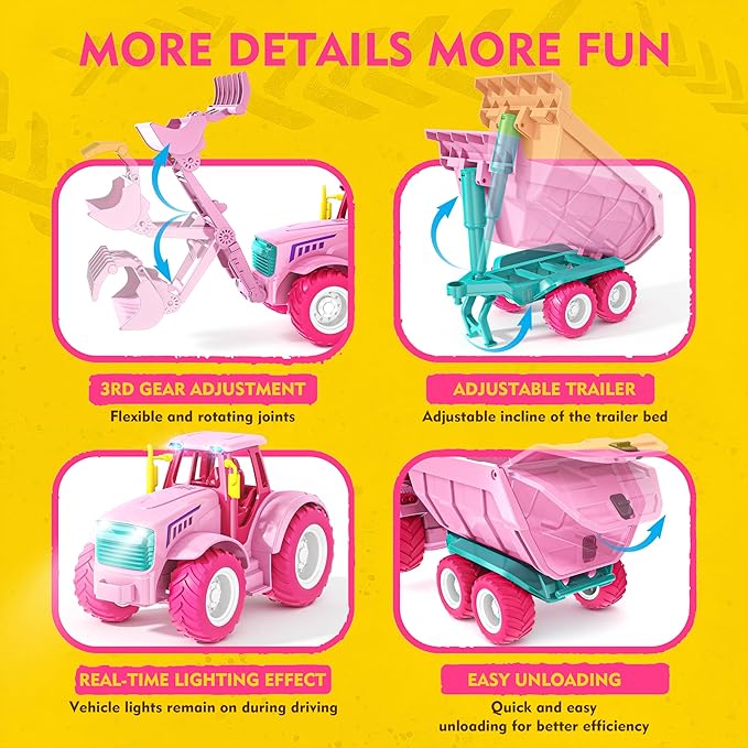 Funwee 2.4GHz RC Tractor Toy w/Light & Music, Kid Farm Car Toy w/Front Loader & Farm Animal, RC Tractor Trailer Truck Vehicle Toy for Boy Girl Age 3 4 5 6 7+ Year Old Christmas Birthday Gift (Pink)