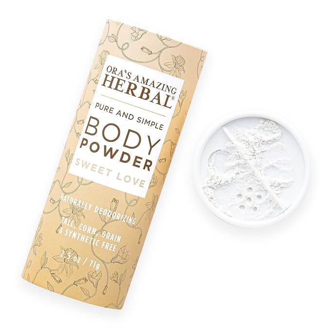 Ora's Amazing Herbal Body Powder for Women, Cornstarch and Talc Free Powder, Bath and Dusting Powder, Amber Oil, Frankincense Essential Oil, Ylang-Ylang, Vanilla, Warm Scent, Sweet Love 2.5 oz
