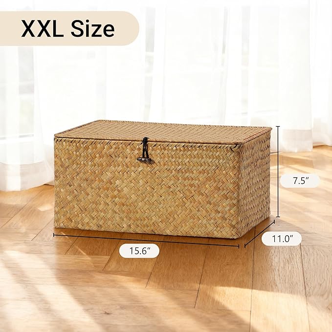 Nonam Seagrass Storage Large Basket with Lid,Wicker Basket Storage Bin with Lid for Shelves,Boho Decor,Handwoven Shelf Basket for Organizing-Storage Container Box for Home Organization-Natural