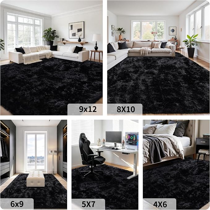 4x6 Area Rug for Living Room:Ultra Soft Fluffy Shag Black Rugs,Large Fuzzy Plush Indoor Non Slip Carpet Washable Rug for Bedroom Kids Nursery Office Dorm Modern Decor(Black 4'x6')