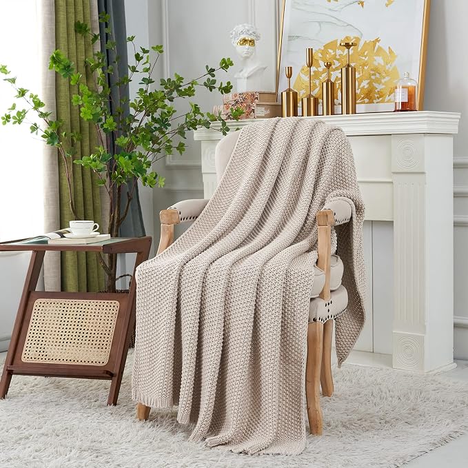 Chunky Cable Knit Throw Blanket Lightweight Beige 100% Organic Cotton Blanket for Sofa Couch Bed Baby Nursery, Rustic Shabby Chic Modern Farmhouse, 51” x 63” Give Laundering Bag
