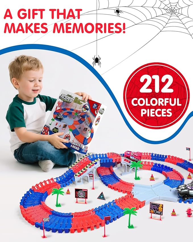 Spider Tracks Car Toys for Boys Ages 3-8, 2 Spider Cars & 212PCS Flexible Race Track, STEM Building Toy Gift for 3 4 5 6 7 8 Year Old Kids