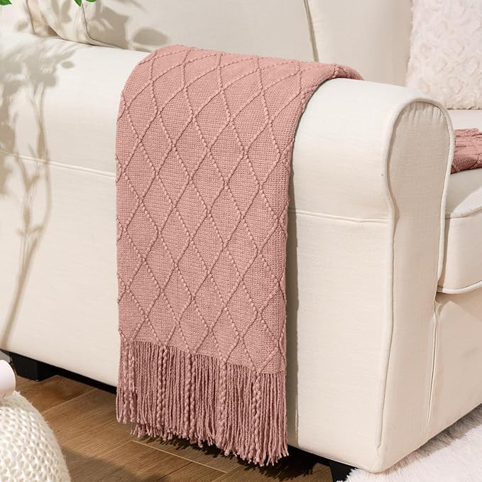BATTILO HOME Blush Throw Blanket with Tassels, Pink Knit Blanket for Home Decor, Boho Style Textured Knitted Decorative Twin Blanket for Couch, Sofa &Bed, 52"x80"
