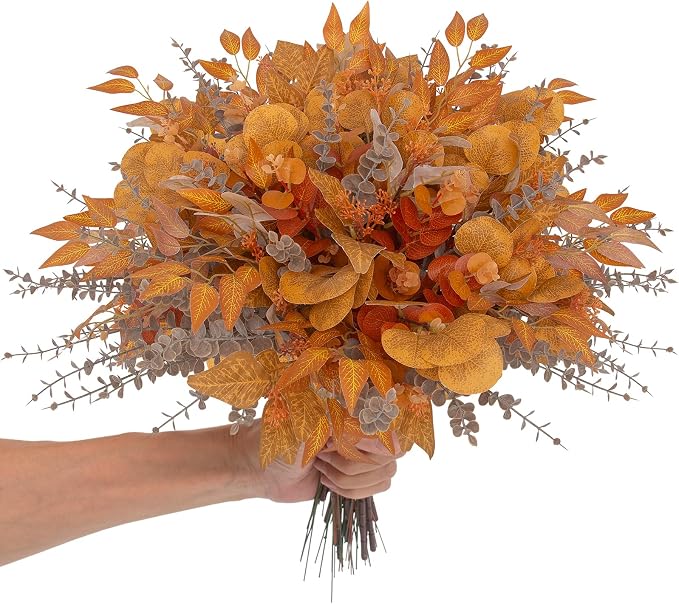 260 Pcs Fall Mixed Greenery Artificial Eucalyptus Stems Bulk, 6 Kinds of Fake Eucalyptus Leaves, Autumn Faux Floral Arrangement for Wedding Bouquet, Farmhouse Home Thanksgiving Decor (260, Orange)