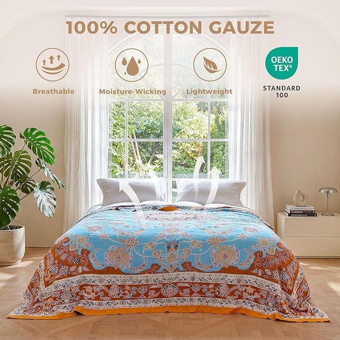 LUTBM Boho Throw Blanket for Couch 50"x60", Cotton Decorative Bed Throws | Reversible Vintage Florals Jacquard, All-Season Lightweight Soft Blankets, For Chair Sofa Bedroom Living Room, Home Decor