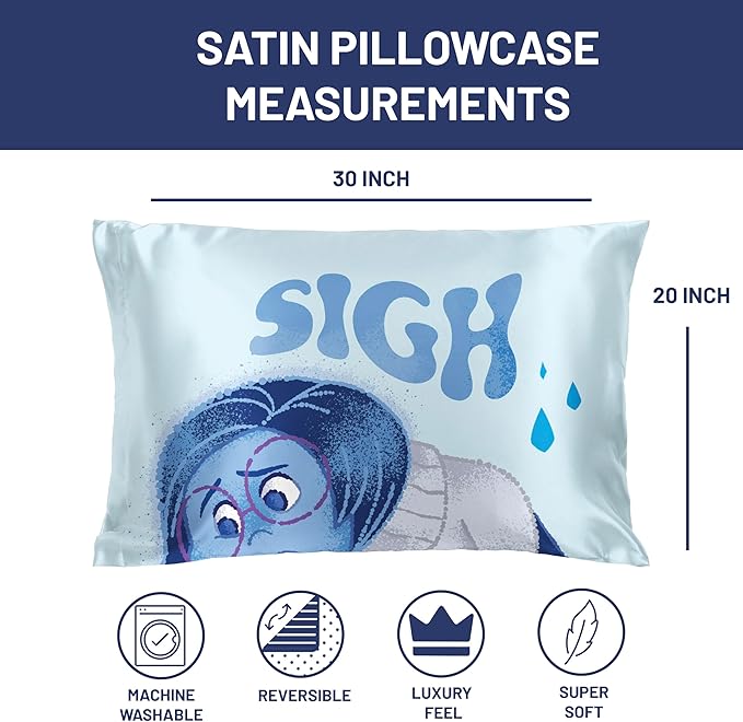 Disney Pixar Inside Out Sadness Satin Pillowcase - Standard Size 20x30 Inch Silky Soft Blue Premium Pillow Cover