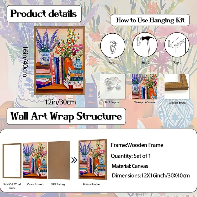 Vintage Floral Book Wall Art Color Book Still Life Wall Decor Painting Pictures Fashion Flower Bookshelf Poster Canvas Print Artwork for Bedroom Living Room 12x16 inch Wood Framed
