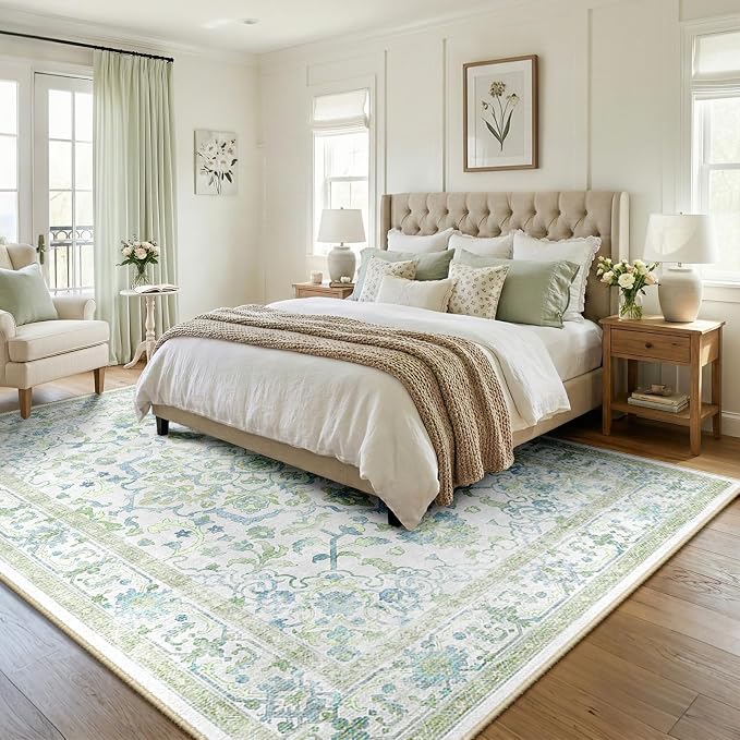 CAPALOCA 6x9 Washable Nursery Girls Low Pile Area Rug Green Blue | Non-Slip Soft Rugs for Bedroom Kids Playroom Living Room, Print Pattern Water Repellent Carpet Indoor Decor