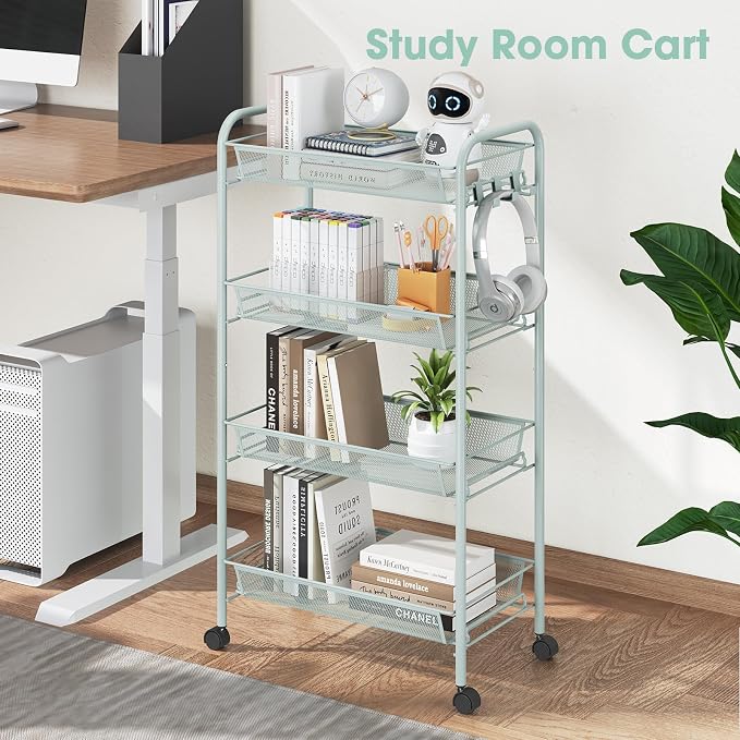 TOOLF 4 Tier Rolling Cart, Metal Utility Storage Cart with Wheels, Green | 3 Hooks, Screwless Assembly, Trolley Organizer for Bathroom, Kitchen, Office, Nursery, Dorm, Laundry Room