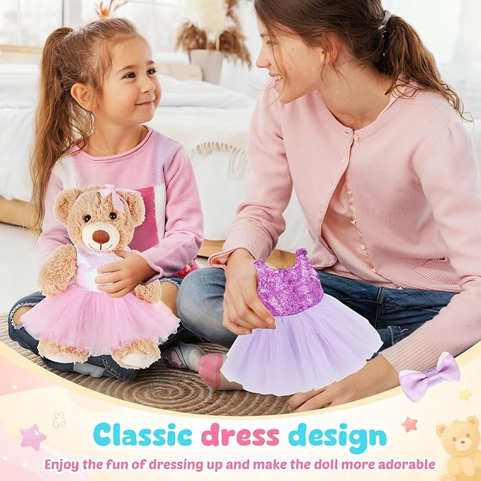 Set of 2 Christmas Teddy Bear Clothes Cap & Gow Outfit Fits Make Your Own Most 14" - 18" Bear Plush Stuffed Animal Outfit Pet Dog Doll Cap and Gown Build a Bear Clothe(Sequin Skirt Style, Fit 14"-18")
