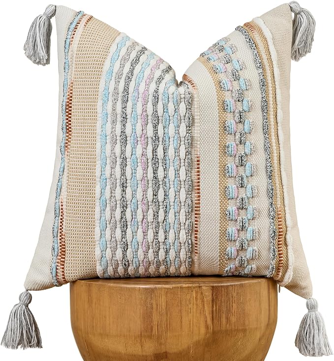 Chenille Striped Textured Boho Throw Pillow Covers Aesthetic with Tassels Woven Decorative Pillow Case for Couch Bed Sofa Bedroom Modern Funky 18 x 18-Inch White Multicolor