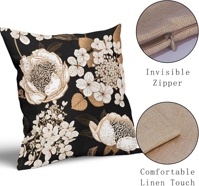 Vintage Flowers Pillow Covers 20X20 Inch Set of 2 White Floral Gold Leaves Botanical Decorative Pillow Cases Rustic Black Cotton Linen Cushion Case Farmhouse Home Decor For Sofa Couch Living Room
