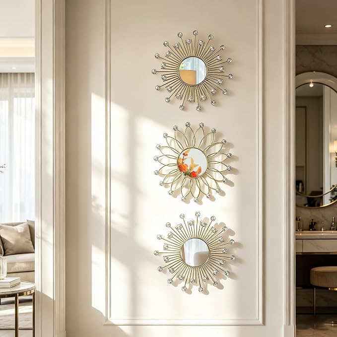 3 Pack Metal Mirrors for Wall Sunburst Wall Mirrors Home Décor Decorative Hanging Wall Art for Living Room Bedroom Entryway (Gold2 Crystal, Flower+Sunburst)