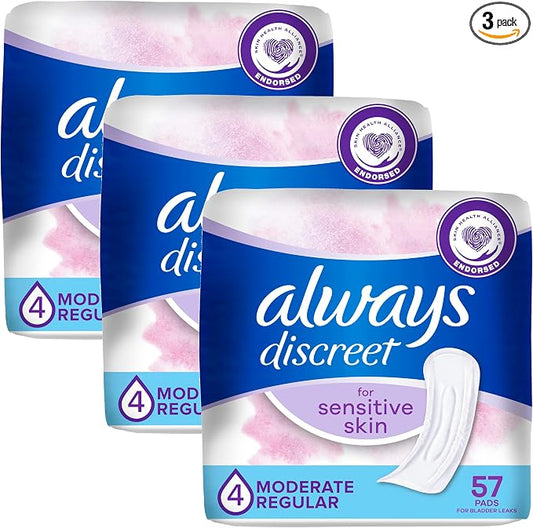 Always Discreet Incontinence Pads for Women with Bladder Leaks, Sensitive Skin Pads Moderate Absorbency, Regular Length, 57 Count (Pack of 3)