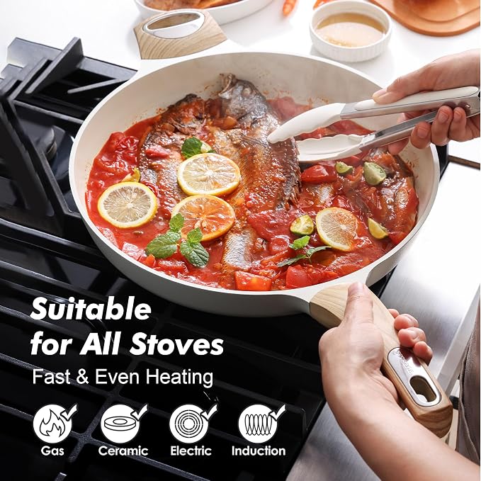 SENSARTE 12.5in Ceramic Nonstick Frying Pan Skillet, PFAS/PTFE Free, White | Healthy Ceramic Coating Omelette Pan, Non-toxic Kitchen Cooking Chef's Pan, PFOA/PFAS/PTFE Free, Induction Compatible