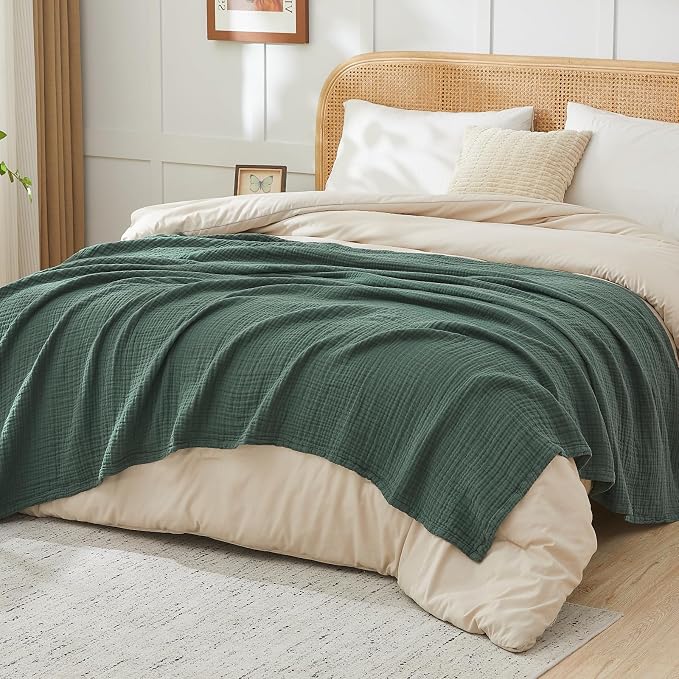 EMME Muslin Blankets for Adults Throw Blanket for Couch Breathable Gauze Soft Lightweight Airy Forest Green Queen 90" x 90"