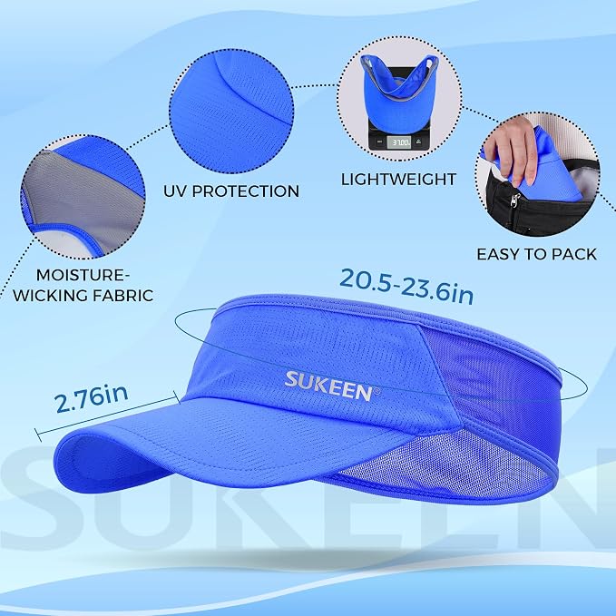 Sukeen Lightweight Sports Sun Visor Hat for Men Women | Packable, breathable, quick-dry, UPF50+ cooling visor hat, stretch fit, for running, tennis, golf, pickleball, softball