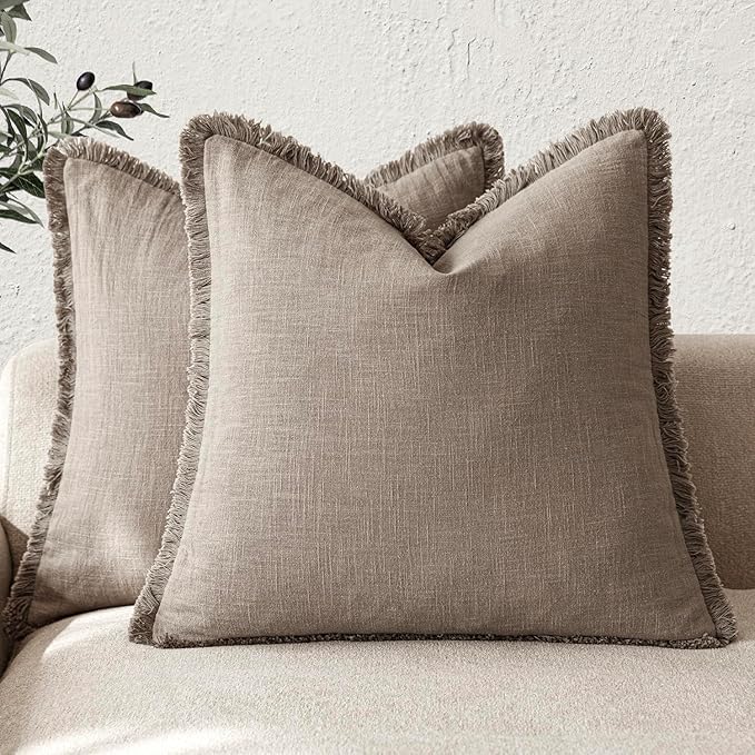 Foindtower Set of 2 Decorative Linen Fringe Throw Pillow Covers Boho Farmhouse Cushion Cover with Tassels Accent Pillowcase for Couch Chair Sofa Bed Living Room Home Decor,16×16 Inch,Dune