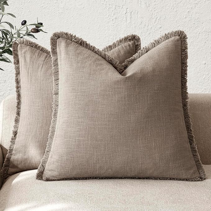 Foindtower Set of 2 Decorative Linen Fringe Throw Pillow Covers Boho Farmhouse Cushion Cover with Tassels Soft Accent Pillowcase for Couch Chair Sofa Bed Living Room Home Decor,24×24 Inch,Brown Tan