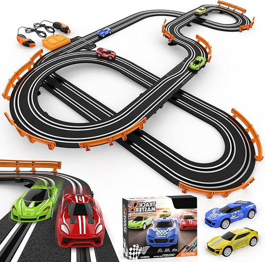Slot Car Race Track Sets with 4 High-Speed Racing Car, Battery or Electric Race Car Track for Boys and Kids, Dual Racing Game Lap Counter Circular Overpass Track, Gifts Toys for Boys Kids Age 6 7 8-12