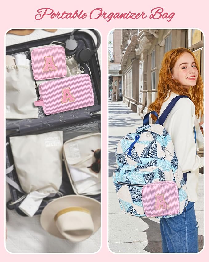 MONSTINA Personalized Initial Makeup Bag for Women,Make Up Case for Girlfriend Bridesmaid Wife,Birthday Gift for Her Cute Toiletry Bag,2PCS,Pink L