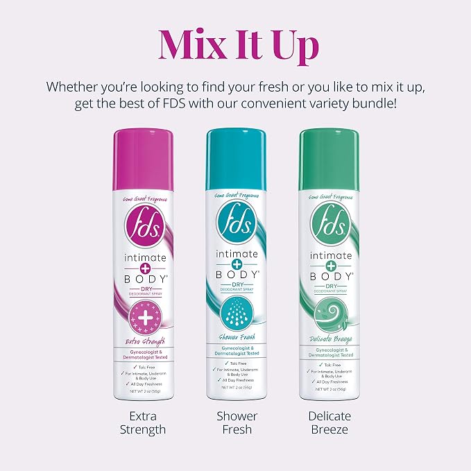 FDS Intimate Deodorant Spray All Day Freshness Variety Pack, Shower Fresh and Delicate Breeze, 2 Ounce Bottles, 3 Count