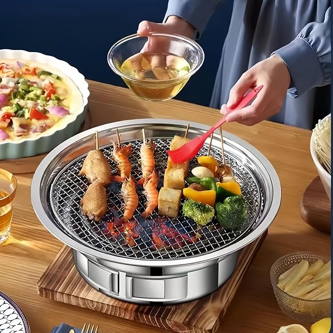 13.7 inch BBQ Charcoal Grill, Stainless Steel Round Korean Barbecue Grill, Portable Indoor Charcoal Grill with Grill Pan & Grill Net, Smokeless, Non-stick, for Indoor Grilling Outdoor Cooking Party