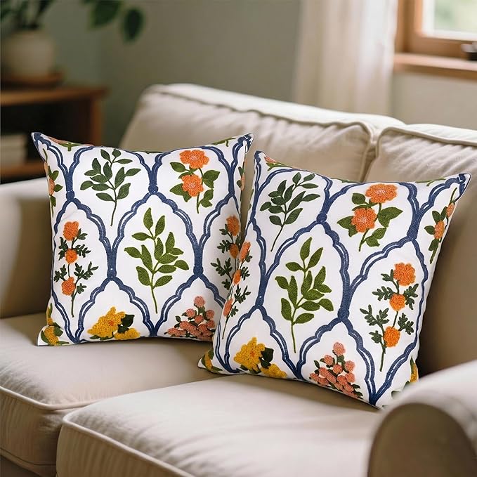 Alysheer Spring Summer Floral Embroidered Decorative Throw Pillow Cover 18"x 18" Set of 2, Orange Flowers Embroidery Patterned Multicolor Cushion Case for Sofa Couch Living Room Bedroom Outdoor
