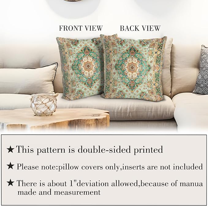 Boho Floral Throw Pillow Covers 18x18 inch Set of 2,Green Boho Rug Geometric Floral Pattern Decor Double Sided Pattern Cushion Cover Soft Pillow Case Living Sofa Room Bed Square Pillow Cover