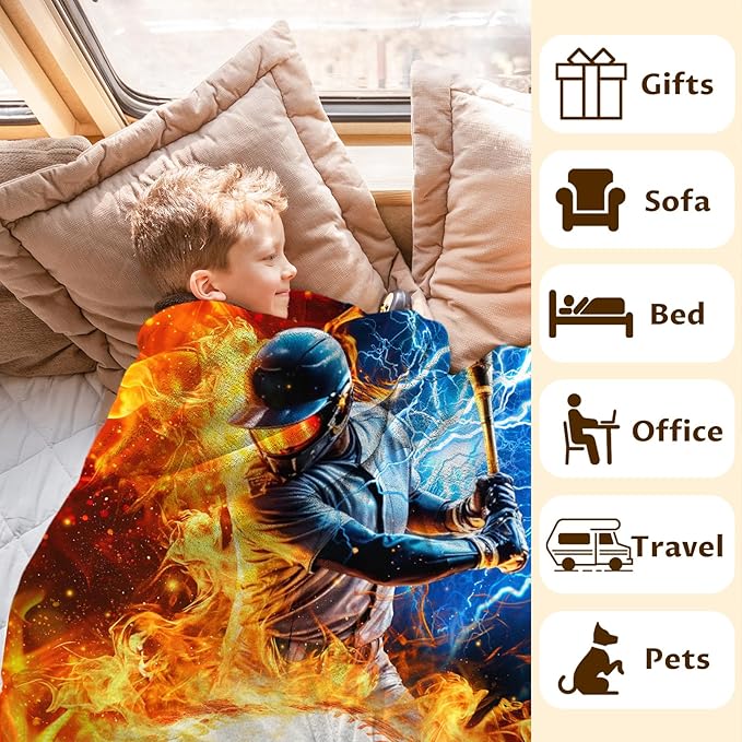 Boys Baseball Blanket Personalized Sport Throw Blankets for Toddler Kids, 30x40 Inches Comfy Warm Custom Throw for Sofa Chair Couch Bed