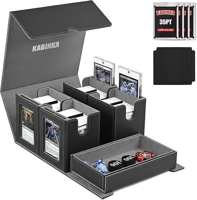 Kabinka Card Deck Box for MTG Commander, Holds 400+ Double-Sleeved Cards, 5 IN 1 Detachable Card Case with Dice Tray, Fits Magic/TCG Cards, 4 Magnetic Card Holders & Dividers (Black)