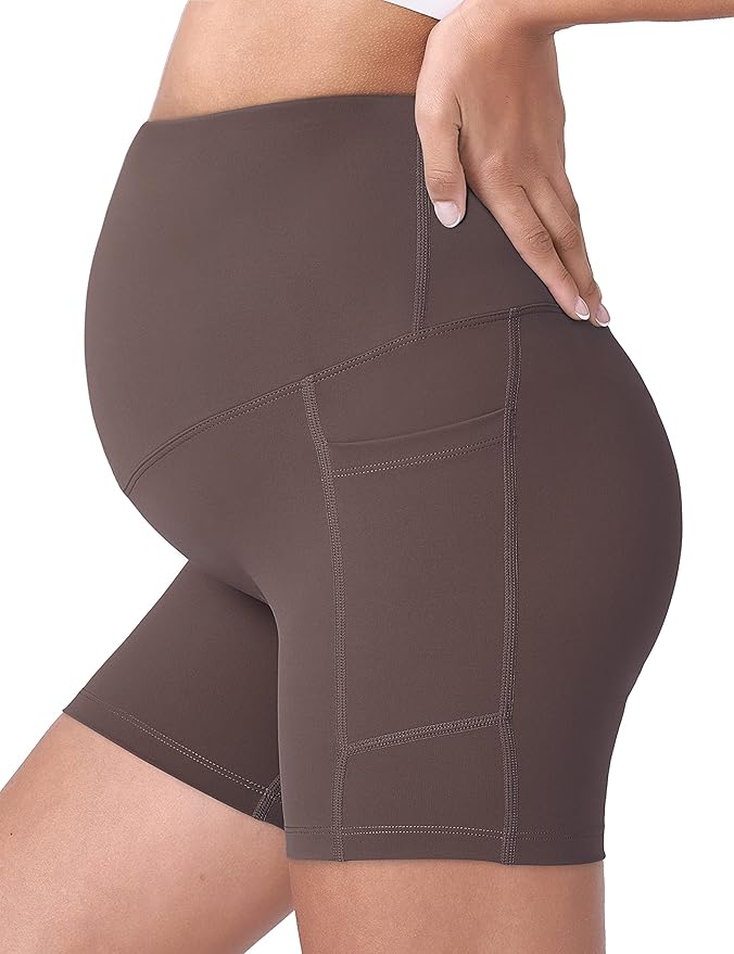 POSHDIVAH Women's Maternity Yoga Shorts Over The Belly Bump Summer Workout Running Active Short Pants with Pockets 5"/8"