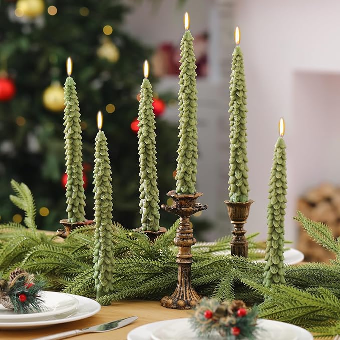 Conelist 6 Pcs Christmas Tree Candles Christmas Tree Shaped Taper Candles Decorative Xmas Wax Scented Candlesticks for Xmas Eve Winter Holiday Home Table Decoration Gift(Dark Green,10 Inch Style)