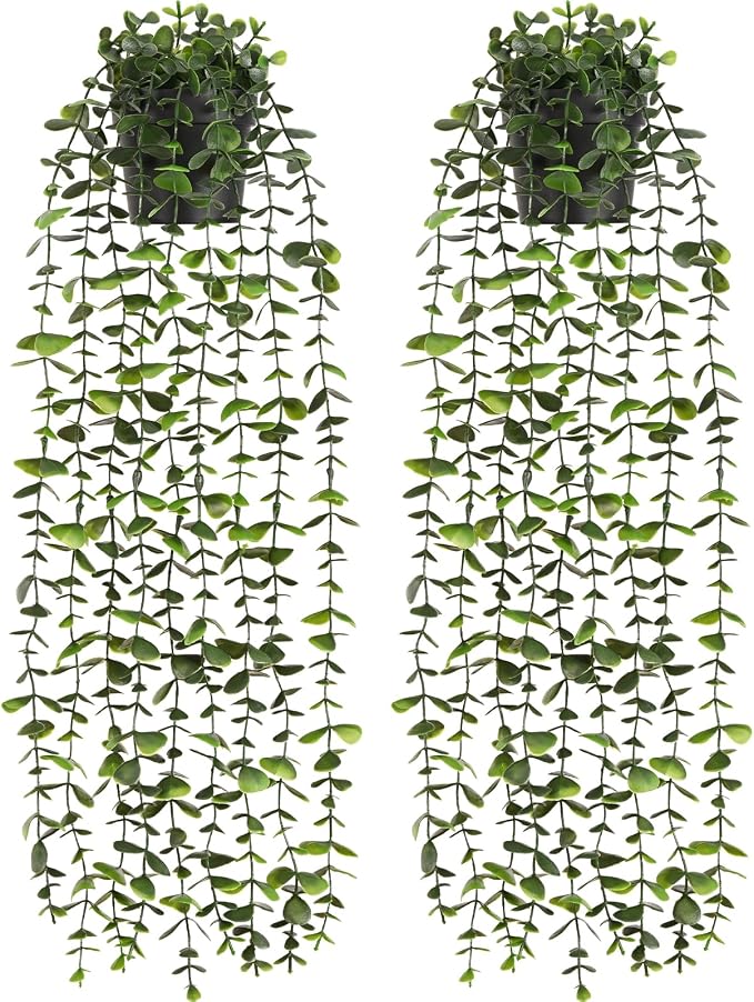 Waipfaru 2Pcs Fake Hanging Plants with Pot, Potted Faux Eucalyptus | Fake Vines Ivy Artificial Plants Outdoor Faux Plants Indoor Bedroom Living Room Boho Wall Porch Shelf Decor